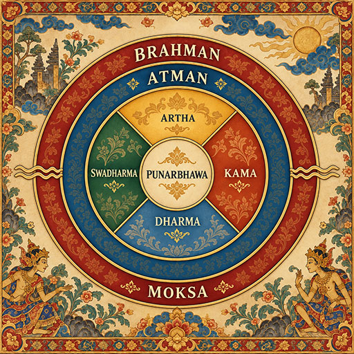 Diagram Panca Sradha dalam DHASTRAM dengan Brahman, Atman, Karma Phala, Punarbhawa, Moksa, Swadharma, Dharma, Kama, dan Artha